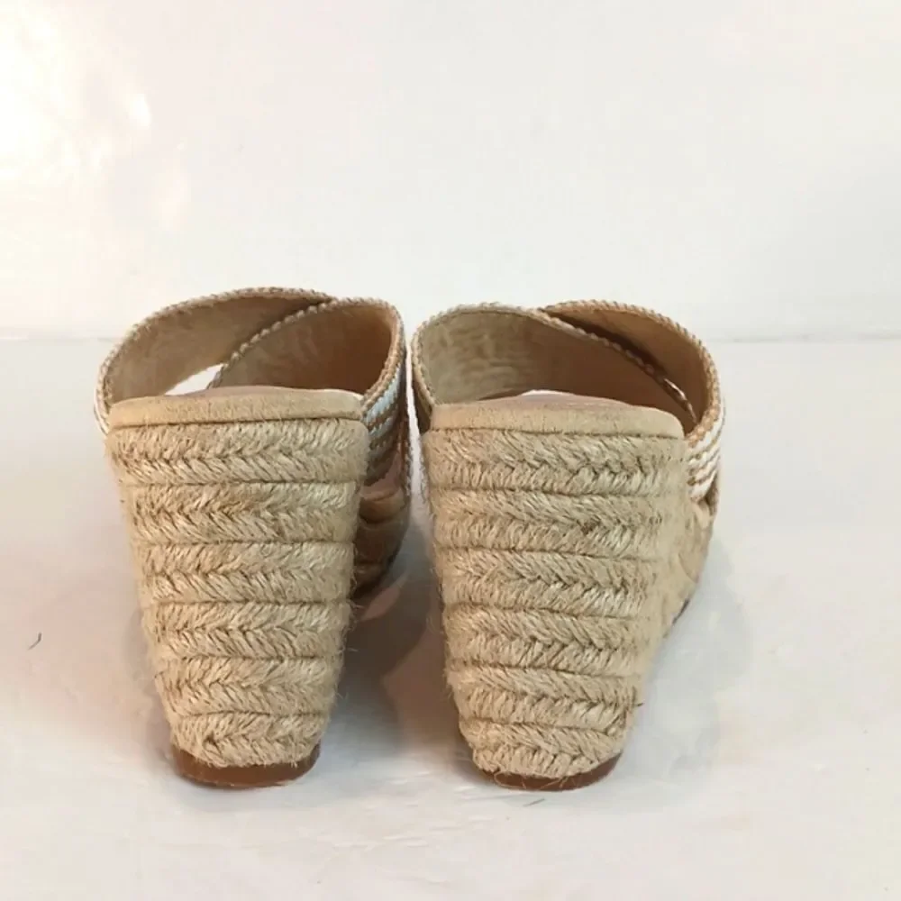 Allegra K Women's white/tan crisscross strap platform slide wedges sandals S/ 9